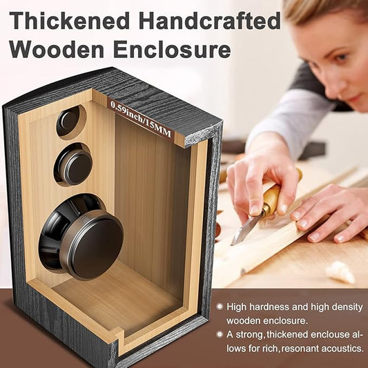 Чифт пасивни високоговорители за рафтове, 3-лентови 80 вата RMS, 240 вата пикова мощност, 2.0 стерео високоговорители, високоговорители за домашно кино за рафтове, нискочестотни 48 Hz, ръчно изработен дървен дизайн