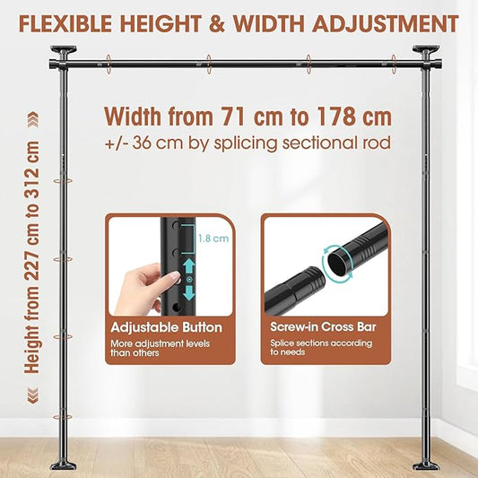 Рамка за преграда за стая с корнизи, Свободностояща преграда за стая без завеса, Преграда за поверителност за хол, спалня или офис 227–312 см (В), 71–178 см (Ш), Черна