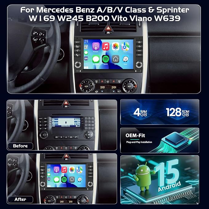 4+128GB Android радио за Mercedes A/B/V-класа и Sprinter W906 W169 W245 B200 Vito Viano W639, надстройка на радиото с CarPlay, Android Auto, GPS, WLAN, камера за задно виждане