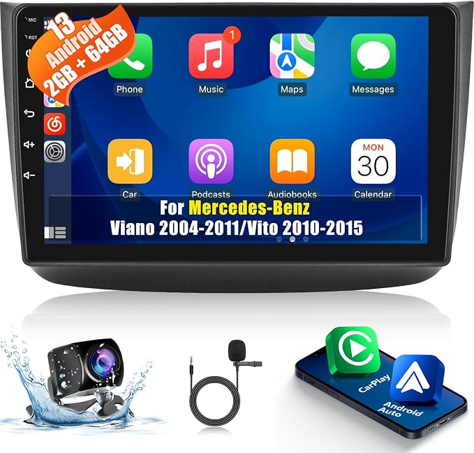 [2+64G] Android 13 автомобилна стерео система за Mercedes Benz Viano 2004-2011/Vito 2010-2015 с безжичен Carplay и Android Auto, 9-инчово сензорно радио с WiFi GPS DSP FM/RDS радио SWC+ AHD камера за задно виждане