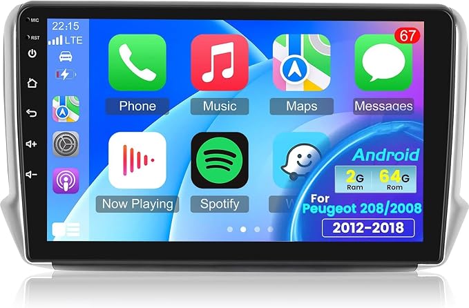 [2+64G] Android радио за Peugeot 208/2008 2012-2018 с безжичен CarPlay и Android Auto, 10.1-инчово радио с тъчскрийн и WiFi GPS Mirror Link DSP SWC+ AHD камера за задно виждане