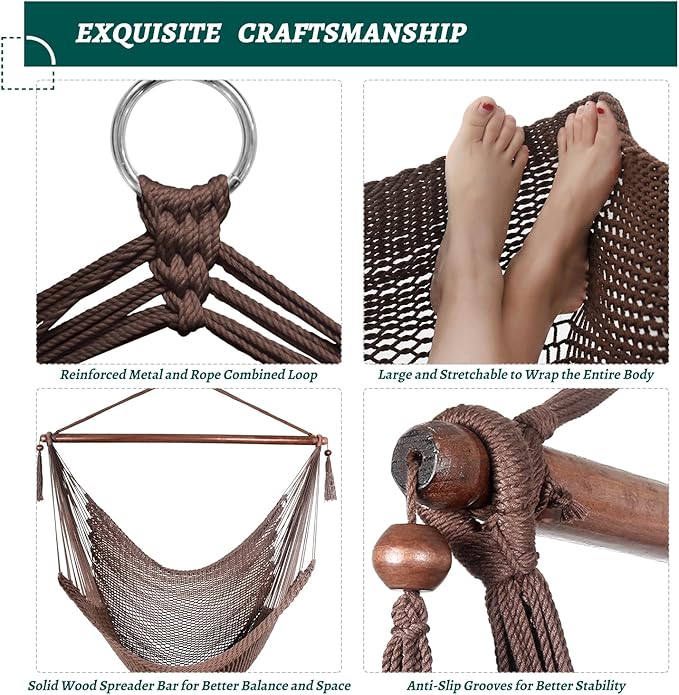 Карибски люлеещ се хамак с разпъваща се щанга, голям хамак, ръчно изработен висящ стол от въже, за външна употреба, вътрешна употреба, спалня, товароносимост 150 кг, тъмнокафяв