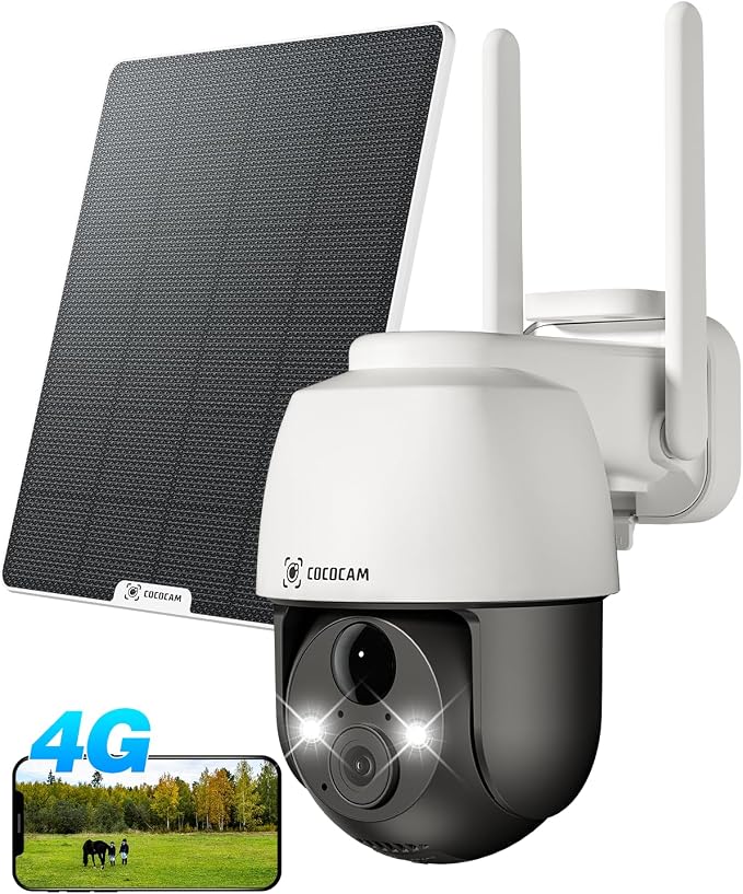 COCOCAM 4G LTE Без WiFi Охранителна Камера 2K Соларна Външна Безжична PIR сензор за откриване на хора, разпознаване с изкуствен интелект, 355°P 90°T, батерия 10000 mAh, включена SIM карта, облачен интерфейс, работи с Alexa