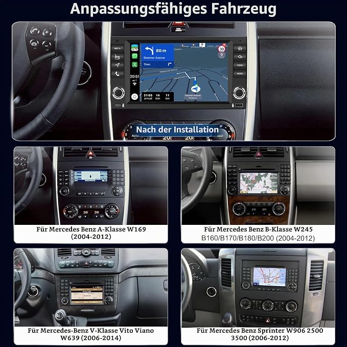 4+128GB Android радио за Mercedes A/B/V-класа и Sprinter W906 W169 W245 B200 Vito Viano W639, надстройка на радиото с CarPlay, Android Auto, GPS, WLAN, камера за задно виждане