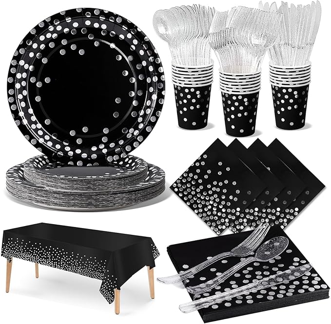 Комплект хартиени чинии и салфетки Nkaiso, 141 броя, лилави и сребърни детски прибори за хранене за рожден ден, комплект парти консумативи, включва хартиени чинии и салфетки, прибори за многократна употреба - 20 гости