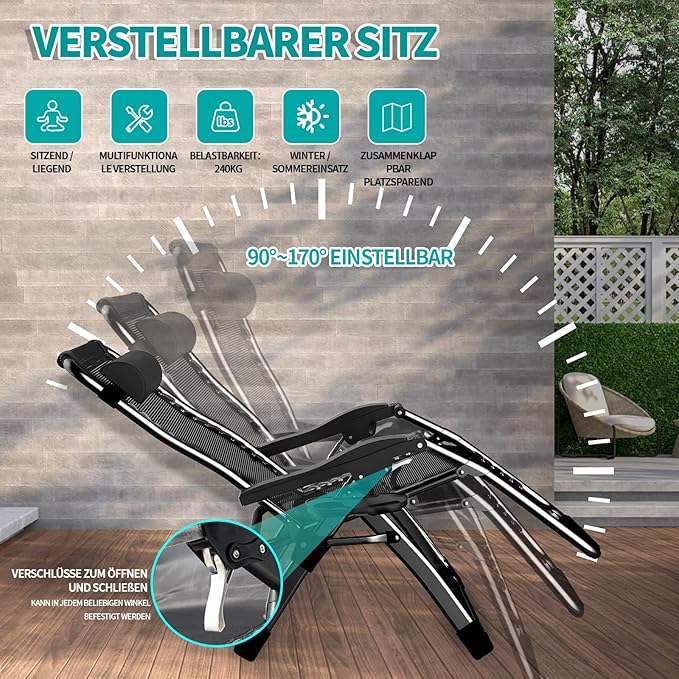 Сгъваем шезлонг Hengriacly с покривало, градински шезлонг с регулируема облегалка за обедна почивка, товароносимост 240 кг, регулируема облегалка, градински стол, ергономичен и дишащ (черен)