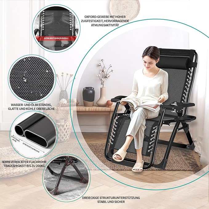 Сгъваем шезлонг Hengriacly с покривало, градински шезлонг с регулируема облегалка за обедна почивка, товароносимост 240 кг, регулируема облегалка, градински стол, ергономичен и дишащ (черен)