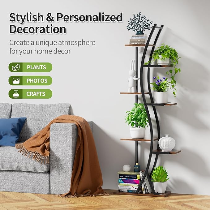 Поставка за цветя Поставка за растения с лампи за отглеждане - 7-етажна вътрешна рафт за растения, изработена от дърво и метал, голяма вътрешна рафт за растения 160 см, рафт за хол, балкон, спалня