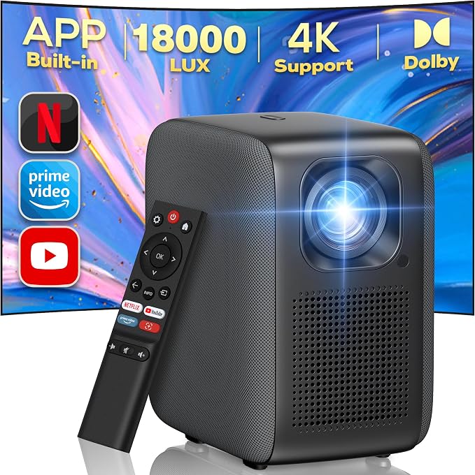 Проектор [Вграден Netflix/YouTube/Prime Video], Full HD 1080P 18000 лумена, iZEEKER 4K проектор WiFi Bluetooth, напълно запечатан, електрически фокус 4D/4P Keystone, съвместим с Android/PC/USB