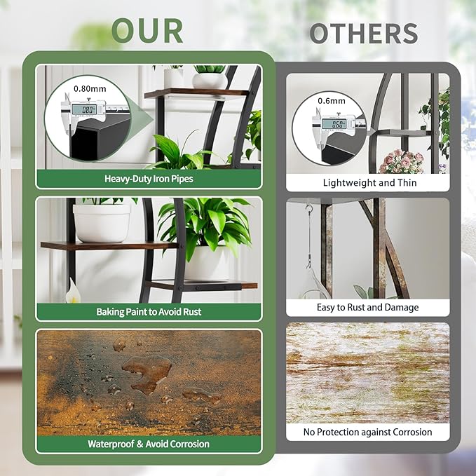 Поставка за цветя Поставка за растения с лампи за отглеждане - 7-етажна вътрешна рафт за растения, изработена от дърво и метал, голяма вътрешна рафт за растения 160 см, рафт за хол, балкон, спалня