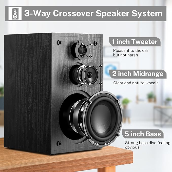 Чифт пасивни високоговорители за рафтове, 3-лентови 80 вата RMS, 240 вата пикова мощност, 2.0 стерео високоговорители, високоговорители за домашно кино за рафтове, нискочестотни 48 Hz, ръчно изработен дървен дизайн