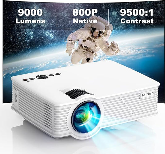 Мини проектор Miden 1080P Full HD, видео проектор с 9000 лумена и максимален дисплей от 260 инча, живот на лампата 110 000 часа, съвместим с HDMI/AV/USB/SD/VGA