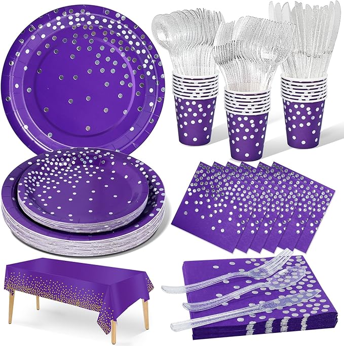 Комплект хартиени чинии и салфетки Nkaiso, 141 броя, лилави и сребърни детски прибори за хранене за рожден ден, комплект парти консумативи, включва хартиени чинии и салфетки, прибори за многократна употреба - 20 гости