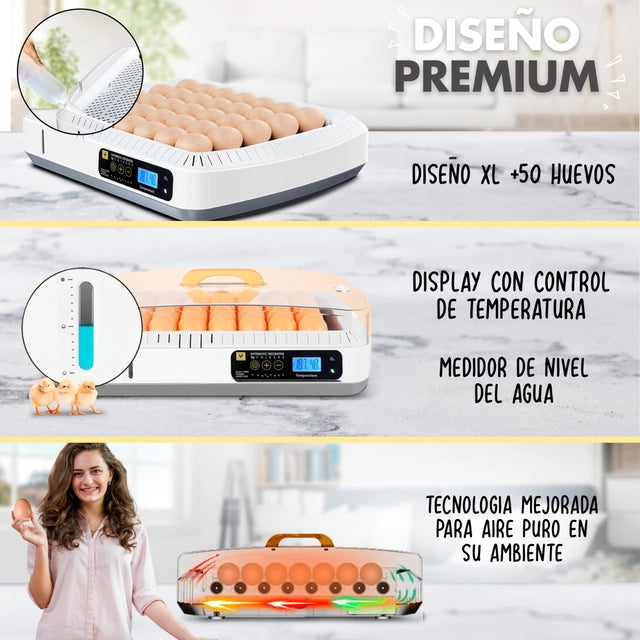 Автоматичен инкубатор за яйца за пилета и птици | XL +50 яйца | Автоматично въртене, контрол на температурата и измервател на влажността | Премиум инкубатор за яйца за ферма и дом