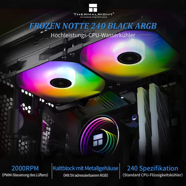 Thermalright Frozen Notte 240 Black ARGB V2 водно охлаждане CPU Cooler, 240 Specification CPU Liquid Cooler, двойни PWM вентилатори, S-FDB лагери, подходящ за AM4/AM5, Intel LGA 1851/1700/115x/1200/2011